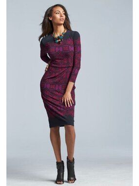 Maggy London Purple Black Long Sleeve Midi Sheath Dress Size 10 Stretch Office